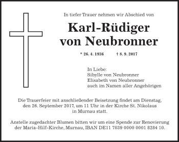 Todesanzeige von Karl-Rüdiger von Neubronner von merkurtz