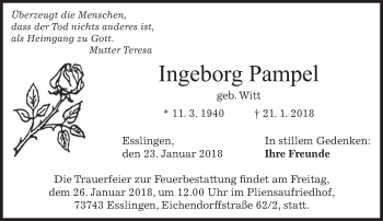 Todesanzeige von Ingeborg Pampel von merkurtz