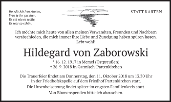 Todesanzeige von Hildegard von Zaborowski von merkurtz