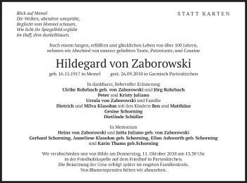 Todesanzeige von Hildegard von Zaborowski von merkurtz