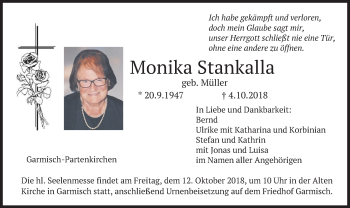 Todesanzeige von Monika Stankalla von merkurtz