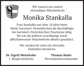 Todesanzeige von Monika Stankalla von merkurtz