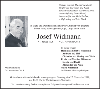 Todesanzeige von Josef Widmann von merkurtz