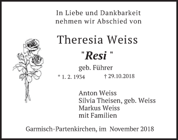 Todesanzeige von Theresia Weiss von merkurtz