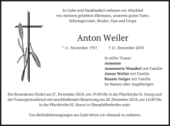 Todesanzeige von Anton Weiler von merkurtz