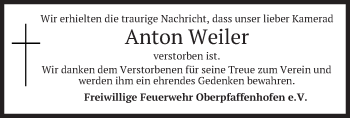 Todesanzeige von Anton Weiler von merkurtz