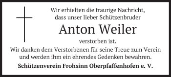 Todesanzeige von Anton Weiler von merkurtz