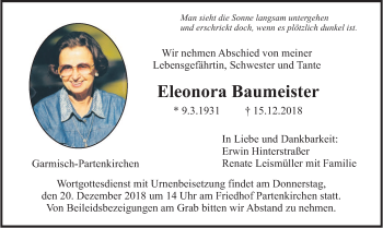 Todesanzeige von Eleonora Baumeister von merkurtz