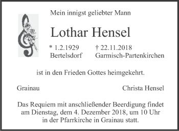 Todesanzeige von Lothar Hensel von merkurtz