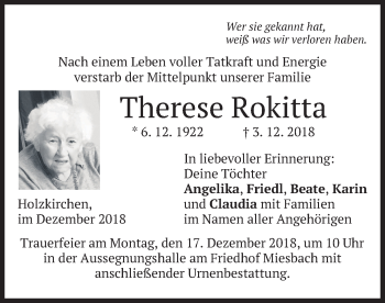 Todesanzeige von Therese Rokitta von merkurtz