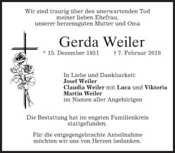 Todesanzeige von Gerda Weiler von merkurtz