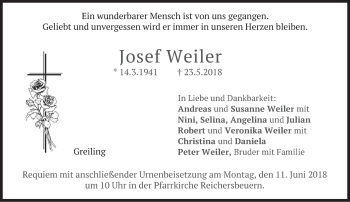 Todesanzeige von Josef Weiler von merkurtz