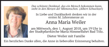 Todesanzeige von Anna Maria Weiler von merkurtz