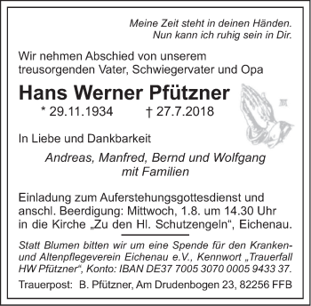 Todesanzeige von Hans Werner Pfützner von merkurtz