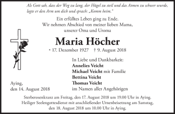 Todesanzeige von Maria Höcher von merkurtz