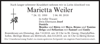 Todesanzeige von Marietta Weiler von merkurtz