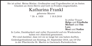 Todesanzeige von Katharina Frankl von merkurtz