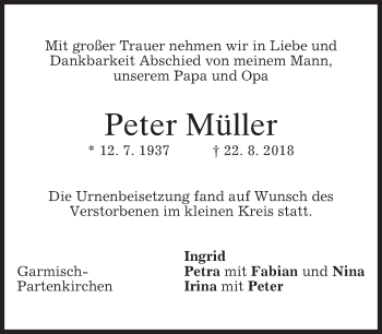 Todesanzeige von Peter Müller von merkurtz