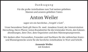 Todesanzeige von Anton Weiler von merkurtz