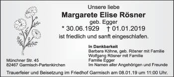 Todesanzeige von Margarete Elise Rösner von merkurtz