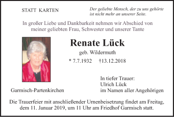 Todesanzeige von Renate Lück von merkurtz