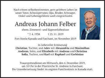 Todesanzeige von Andreas Johann Felber von merkurtz