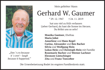 Todesanzeige von Gerhard Gaumer von merkurtz