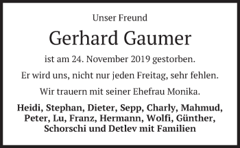 Todesanzeige von Gerhard Gaumer von merkurtz