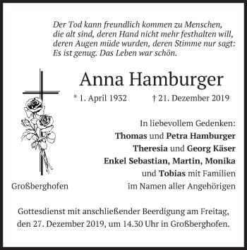 Todesanzeige von Anna Hamburger von merkurtz