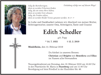 Todesanzeige von Edith Schedler von merkurtz