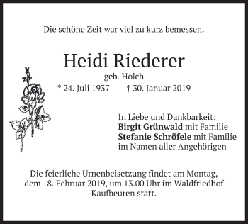 Todesanzeige von Heidi Riederer von merkurtz