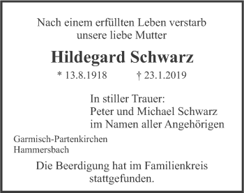 Todesanzeige von Hildegard Schwarz von merkurtz