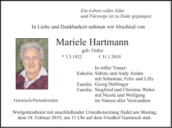 Todesanzeige von Mariele Hartmann von merkurtz