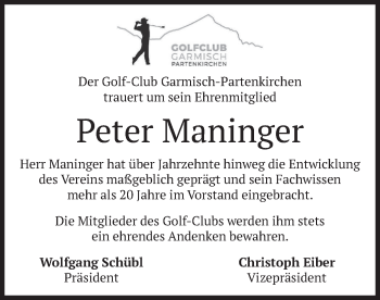 Todesanzeige von Peter Maninger von merkurtz