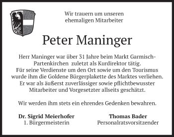 Todesanzeige von Peter Maninger von merkurtz