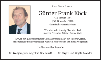 Todesanzeige von Günter Frank Köck von merkurtz