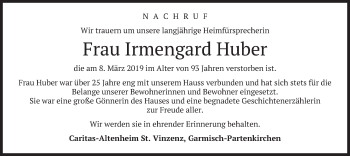 Todesanzeige von Irmengard Huber von merkurtz