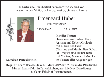 Todesanzeige von Irmengard Huber von merkurtz