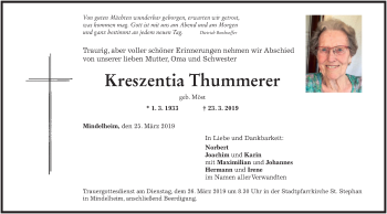 Todesanzeige von Kreszentia Thummerer von merkurtz