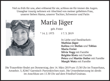 Todesanzeige von Maria Jäger von merkurtz