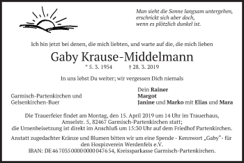 Todesanzeige von Gaby Krause-Middelmann von merkurtz