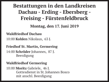 Todesanzeige von Bestattungen vom 17.06.2019 von merkurtz