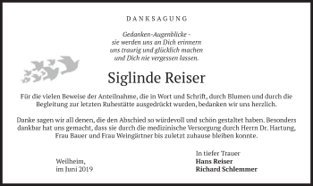 Todesanzeige von Siglinde Reiser von merkurtz