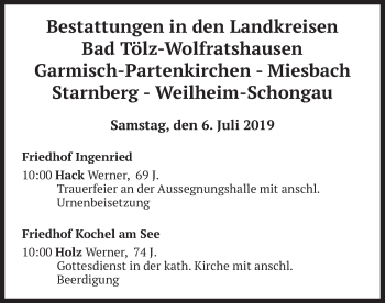 Todesanzeige von Bestattungen vom 06.07.2019 von merkurtz