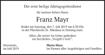 Todesanzeige von Franz Mayr von merkurtz