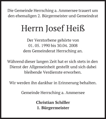 Todesanzeige von Josef Heiß von merkurtz