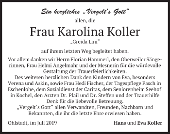 Todesanzeige von Karolina Koller von merkurtz