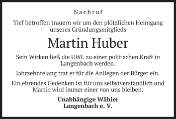 Todesanzeige von Martin Huber von merkurtz