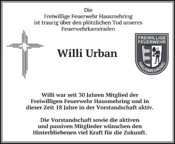 Todesanzeige von Willi Urban von merkurtz