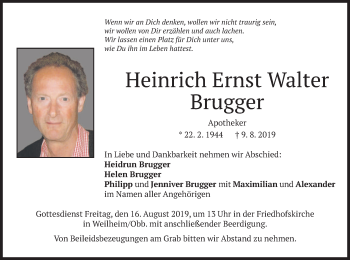 Todesanzeige von Heinrich Ernst Walter Brugger von merkurtz